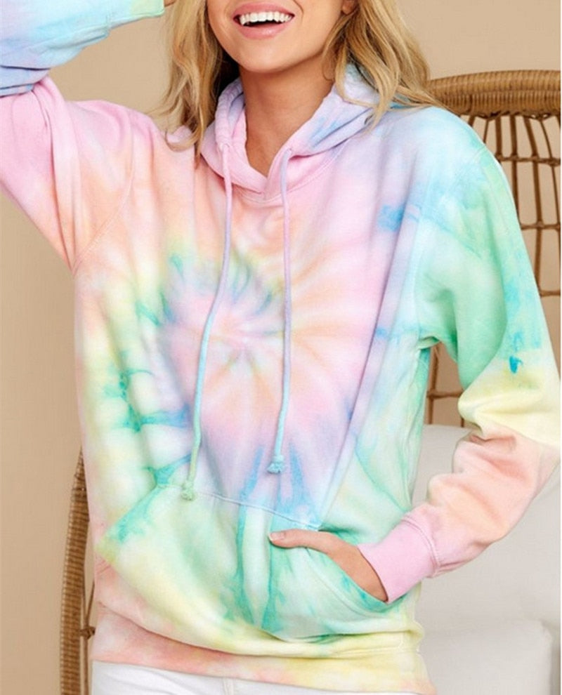 Women Tie Dye Hoodie Sweatshirts Casual Loose Pocket Hooded Shirt Streetwear