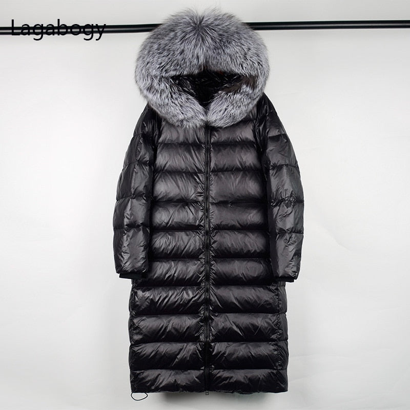 Lagabogy Long Puffer Jacket Women 2021 Large Real Raccoon Fur Hooded 90% Duck Down Coat Waterpoof Female Shiny Parkas Oversize