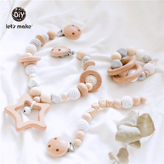 Baby Wooden Teether Wooden Pram Clip Baby Mobile Pram Personalize Silicone Bead Pacifier Chain Chewable Silicone Rattle Baby Toy
