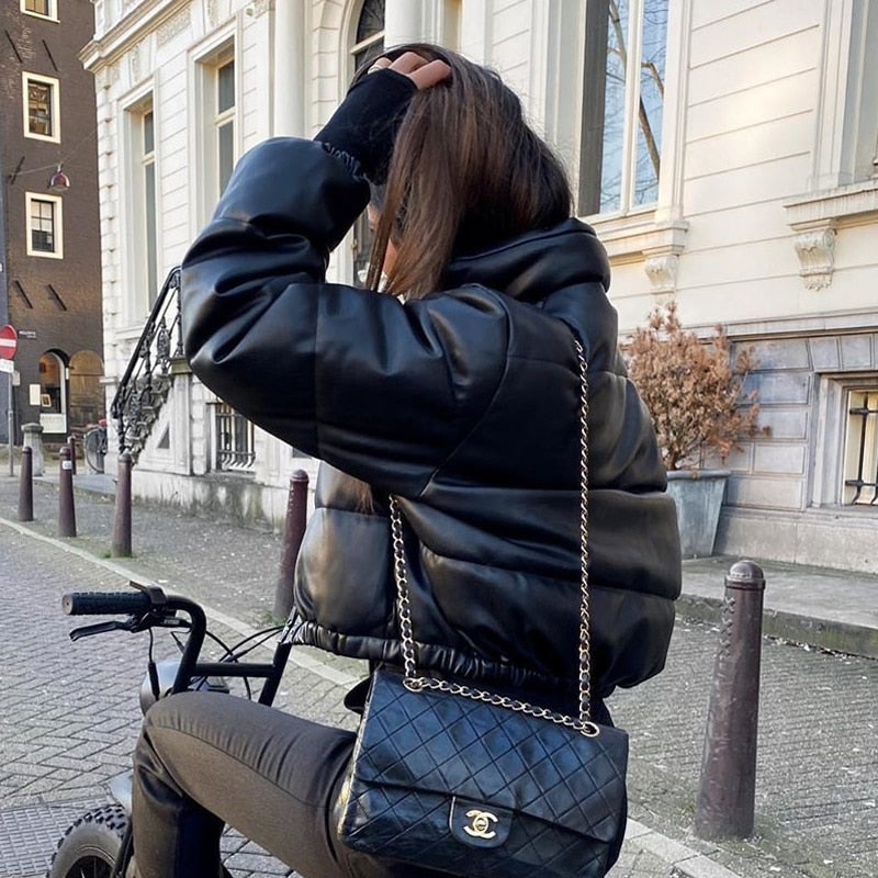 Faux Lether Warm Puffer Cropped Black Jacket Women Fall Winter Female Down Bubble Coat 2020 Turtleneck Long Sleeve Thick Parkas