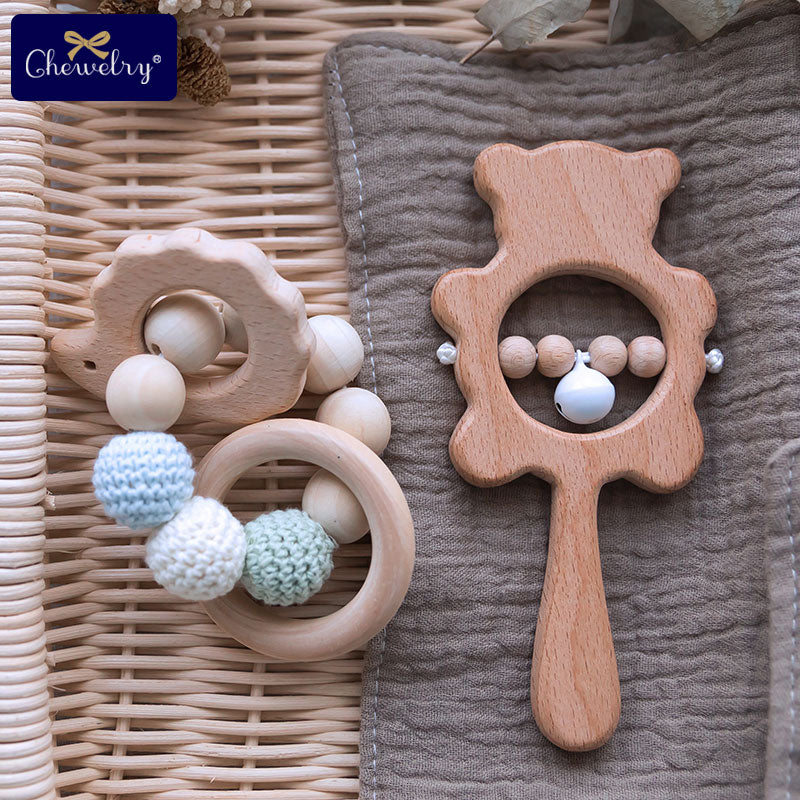 1Set Baby Toys Wooden Teether Rattle Wooden Bracelet Hand Teething Rattles Musical Chew Play Gym Stroller Toys Children Products
