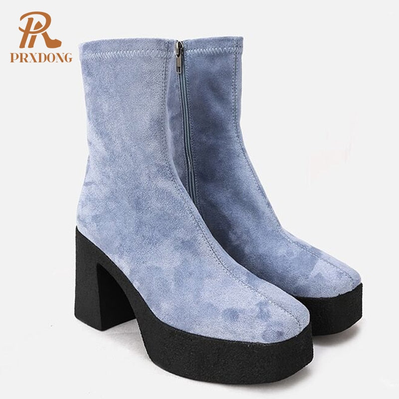 Winter Women's Flock Ankle Stretch Boots High Heeled Thick Platform Square Toe Ladies Shoes Zipper