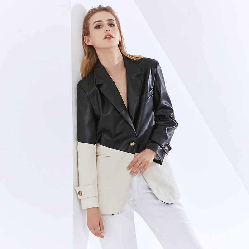 TWOTWINSTYLE Patchwork PU Leather Blazers For Women Notched Long Sleeve Hit Color Casual Coats Female 2020 Fashion Clothing Tide