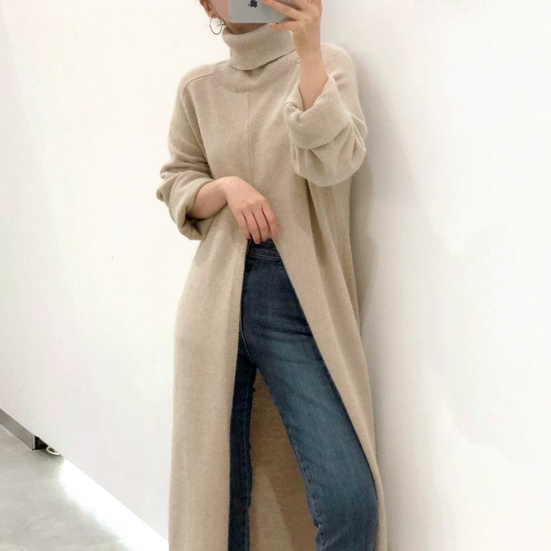 Turtleneck Long fall winter Sweater Dress Side split Female Pullover