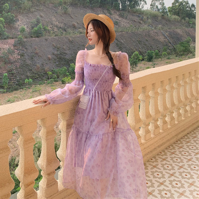 French Vintage Floral One Piece Dress  Chic Elegant Beach Dress Women Puffer Sleeve Design Cake Dress Female