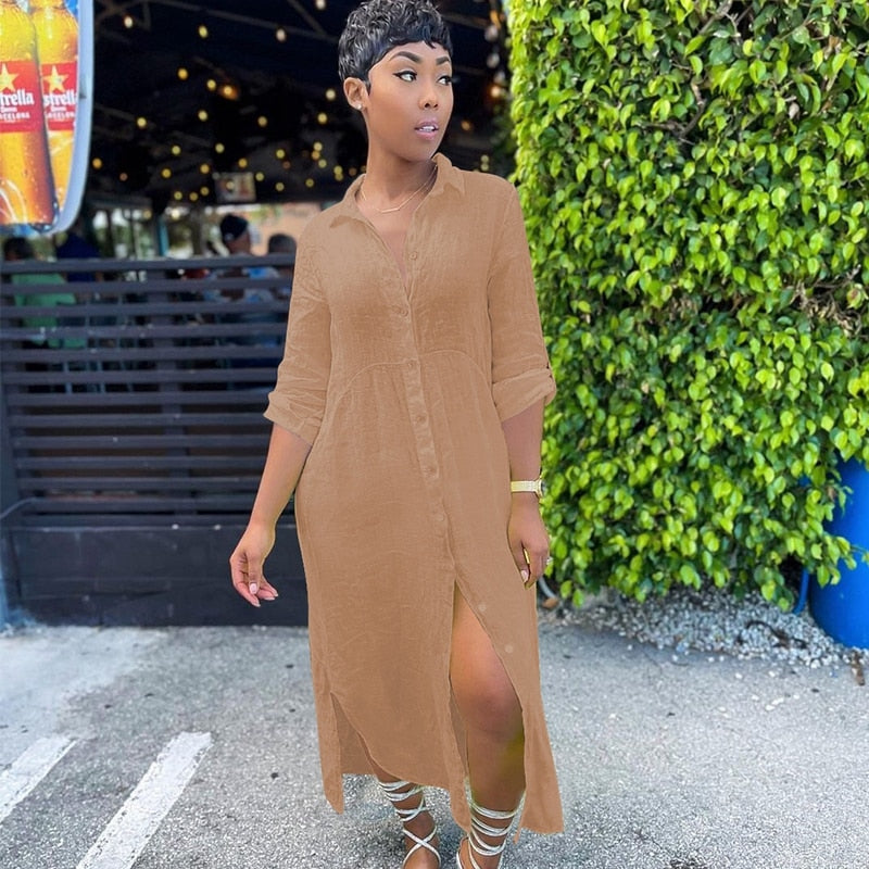 Solid Button Long Shirt Dress Long Sleeve Turn Down Collar Maxi Dress Asymmetric Hems Loose Vestido