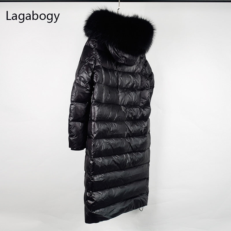 Lagabogy Long Puffer Jacket Women 2021 Large Real Raccoon Fur Hooded 90% Duck Down Coat Waterpoof Female Shiny Parkas Oversize