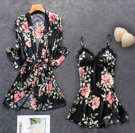 Pink Pajamas Sets Womens Strap Top Pants Sleepwear Suit Spring Autumn Home Wear Nightwear Kimono Robe Bath Gown M-XXL