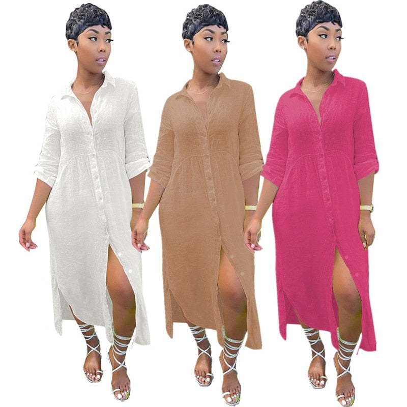 Solid Button Long Shirt Dress Long Sleeve Turn Down Collar Maxi Dress Asymmetric Hems Loose Vestido