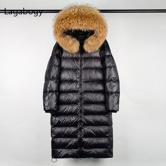 Lagabogy Long Puffer Jacket Women 2021 Large Real Raccoon Fur Hooded 90% Duck Down Coat Waterpoof Female Shiny Parkas Oversize