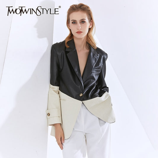 TWOTWINSTYLE Patchwork PU Leather Blazers For Women Notched Long Sleeve Hit Color Casual Coats Female 2020 Fashion Clothing Tide