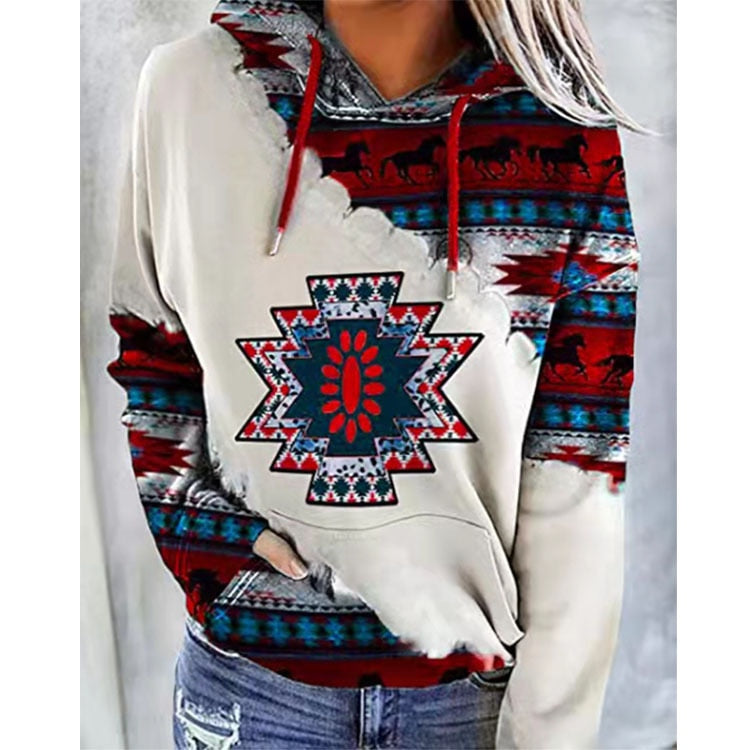 Vintage Boho Printed Hooded Long Sleeve Drawstring Casual Loose Hoodies