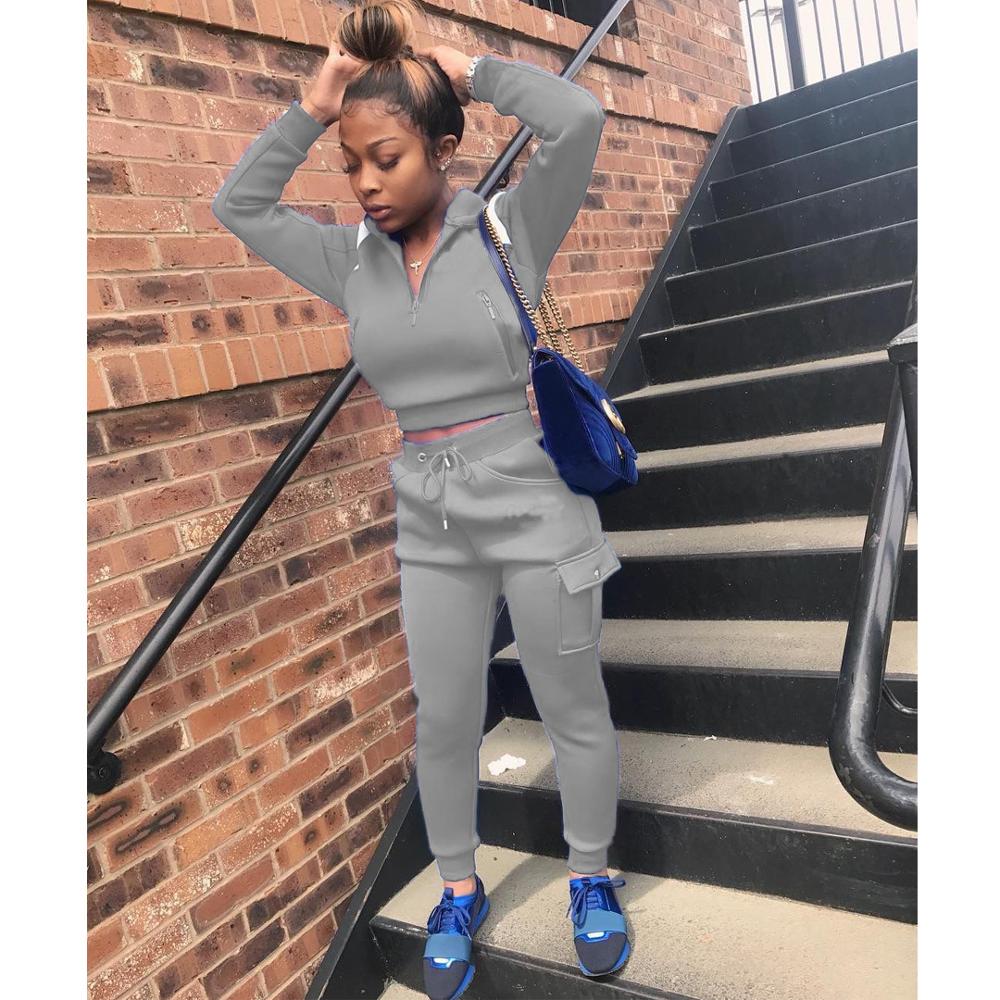 Casual  Solid Color Women 2 Piece Set Crop Top Sweater + Long Pants Tracksuit Sportsuit Winter Clothes For Women Outfit