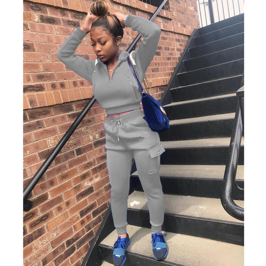 Casual  Solid Color Women 2 Piece Set Crop Top Sweater + Long Pants Tracksuit Sportsuit Winter Clothes For Women Outfit