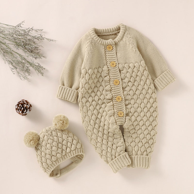 Baby Rompers Caps Clothes Sets Newborn Girl Boy Knitted Jumpsuits Outfits Autumn Winter Long Sleeve Toddler Infant Overalls 2pcs