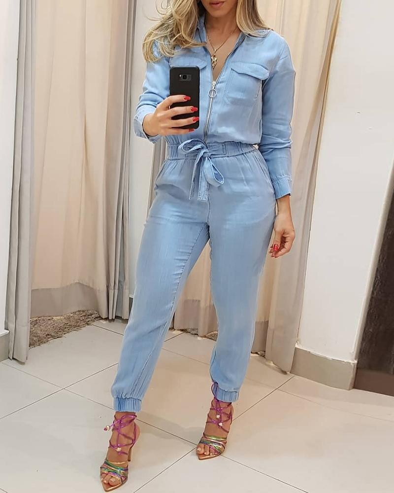 Jumpsuit female long sleeve slim fit lace up waist jumpsuit casual jumpsuits
