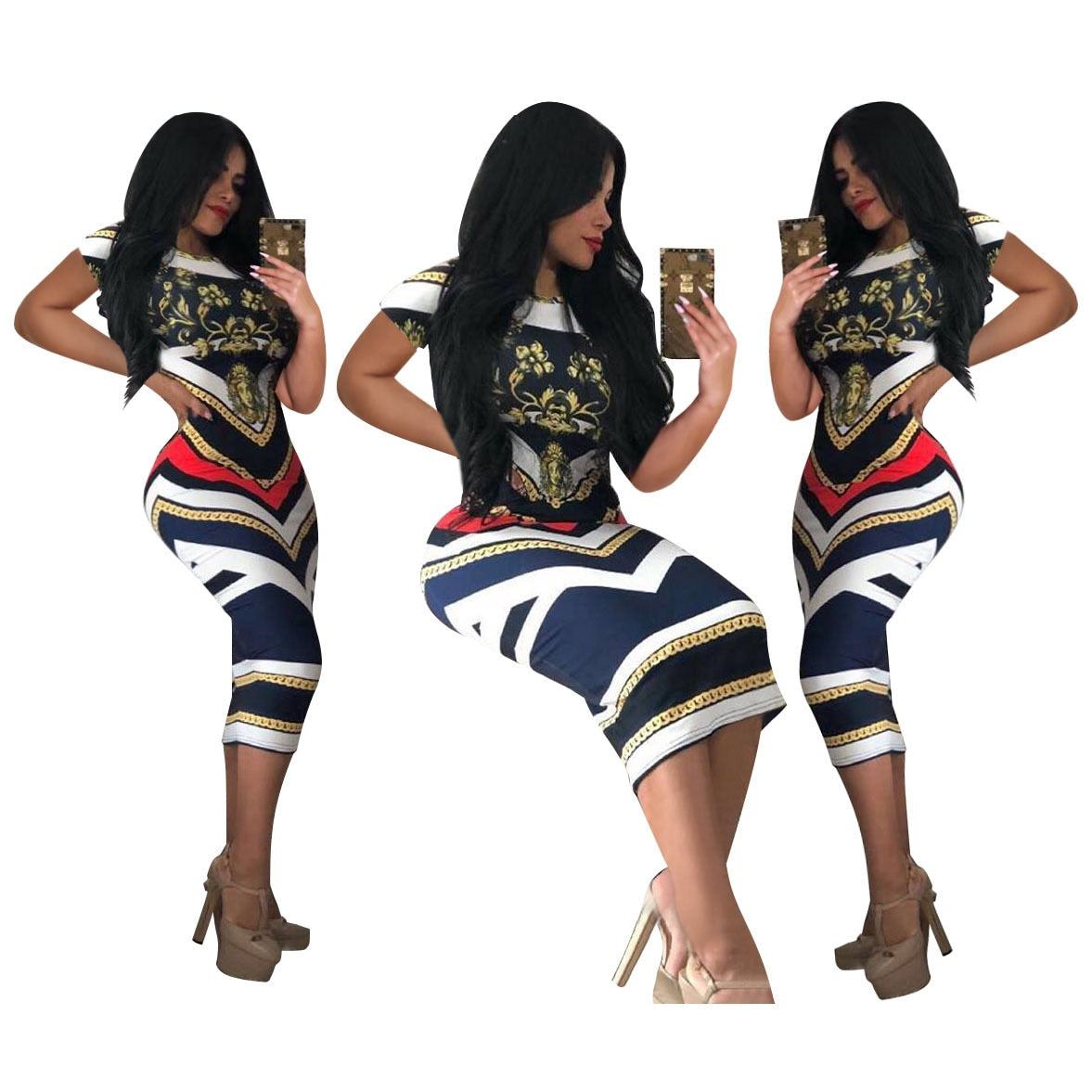 Elegant Short Sleeve Geometric Print Women Bodycon Dresses Robe Sexy Slim Midi Pencil Dress Lady Party Dress Vestidos