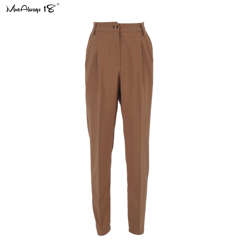 Vintage Zipper Khaki Trousers Women High Waist Office Pants Ladies Brown Trousers Work Wear