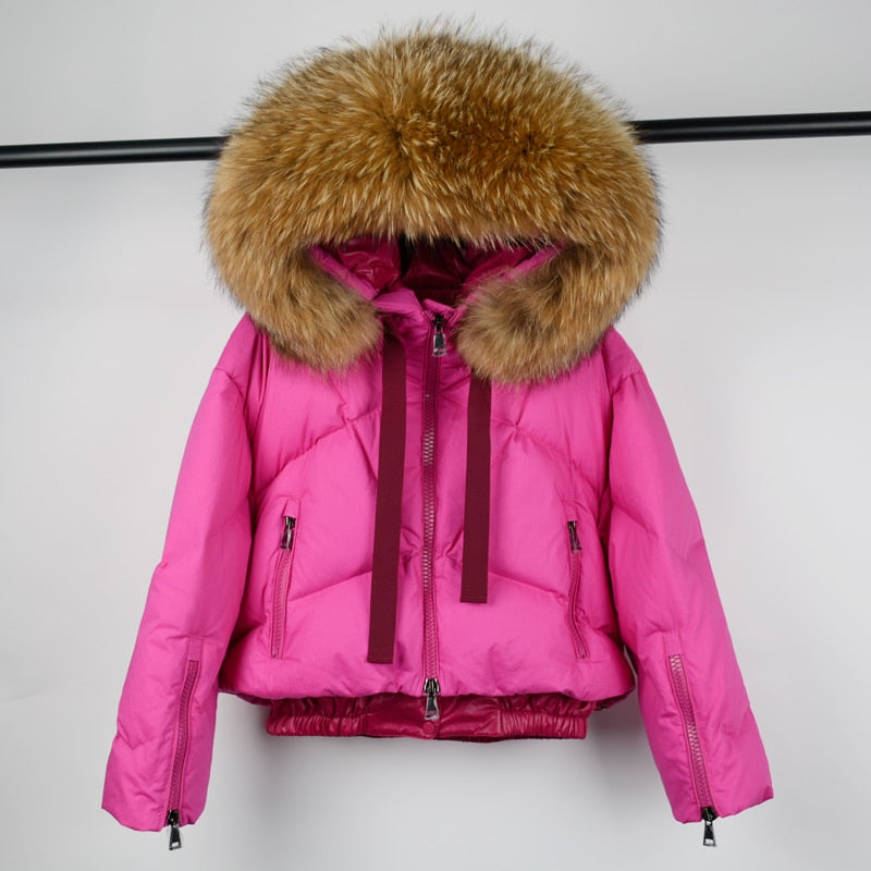 Janveny Real Raccoon Fur Hooded Women's Down Jacket 2021 Winter 90% Duck Down Coat Short Female Puffer Feather Parkas Outwear
