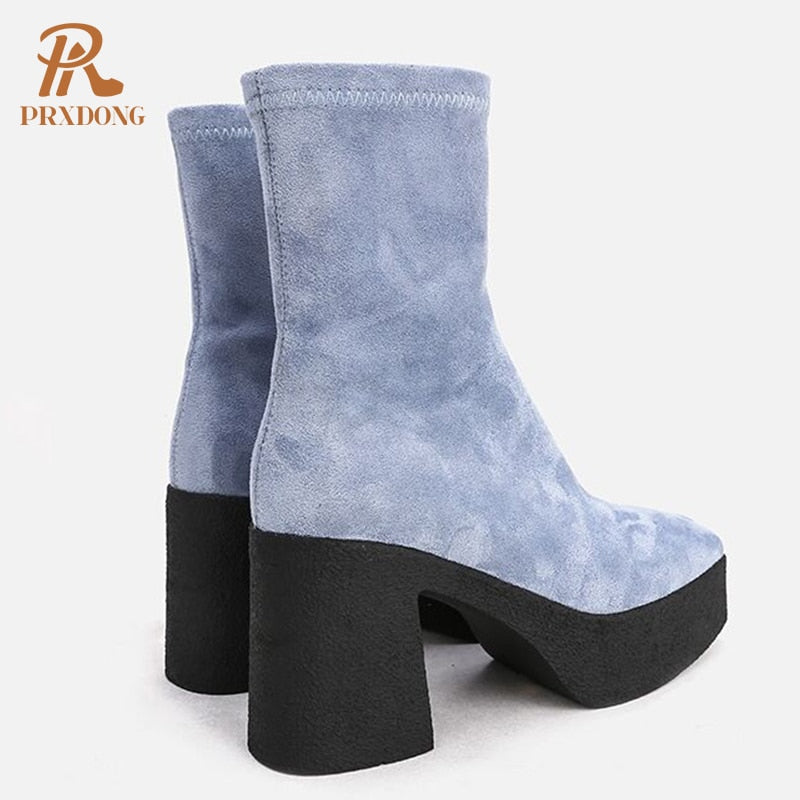 Winter Women's Flock Ankle Stretch Boots High Heeled Thick Platform Square Toe Ladies Shoes Zipper