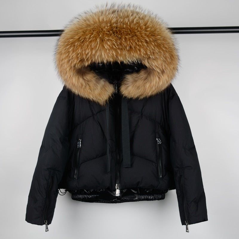 Janveny Real Raccoon Fur Hooded Women's Down Jacket 2021 Winter 90% Duck Down Coat Short Female Puffer Feather Parkas Outwear