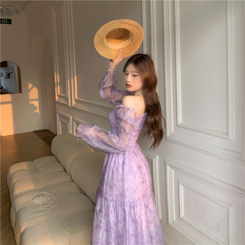 French Vintage Floral One Piece Dress  Chic Elegant Beach Dress Women Puffer Sleeve Design Cake Dress Female