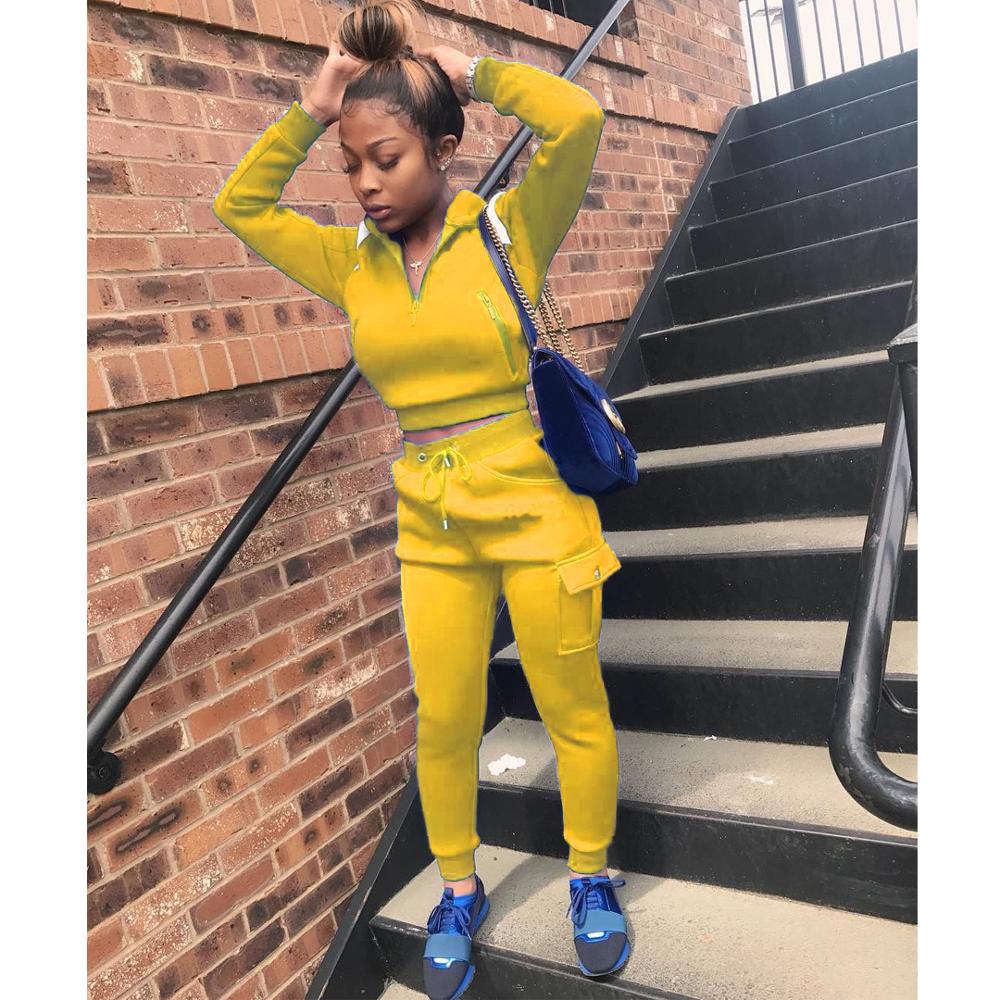 Casual  Solid Color Women 2 Piece Set Crop Top Sweater + Long Pants Tracksuit Sportsuit Winter Clothes For Women Outfit