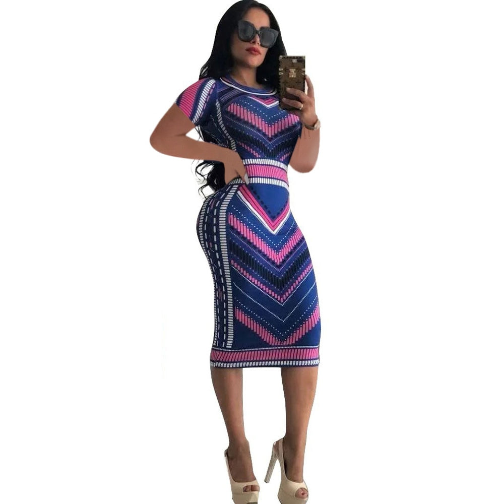 Elegant Short Sleeve Geometric Print Women Bodycon Dresses Robe Sexy Slim Midi Pencil Dress Lady Party Dress Vestidos