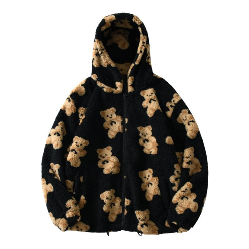 Cartoon Bear Lamb Wool Zip Up Hoodie Women&#39;s Sweatshirts Casual Oversized Brown Winter Clothes Women Jackets Cute Korean Coats