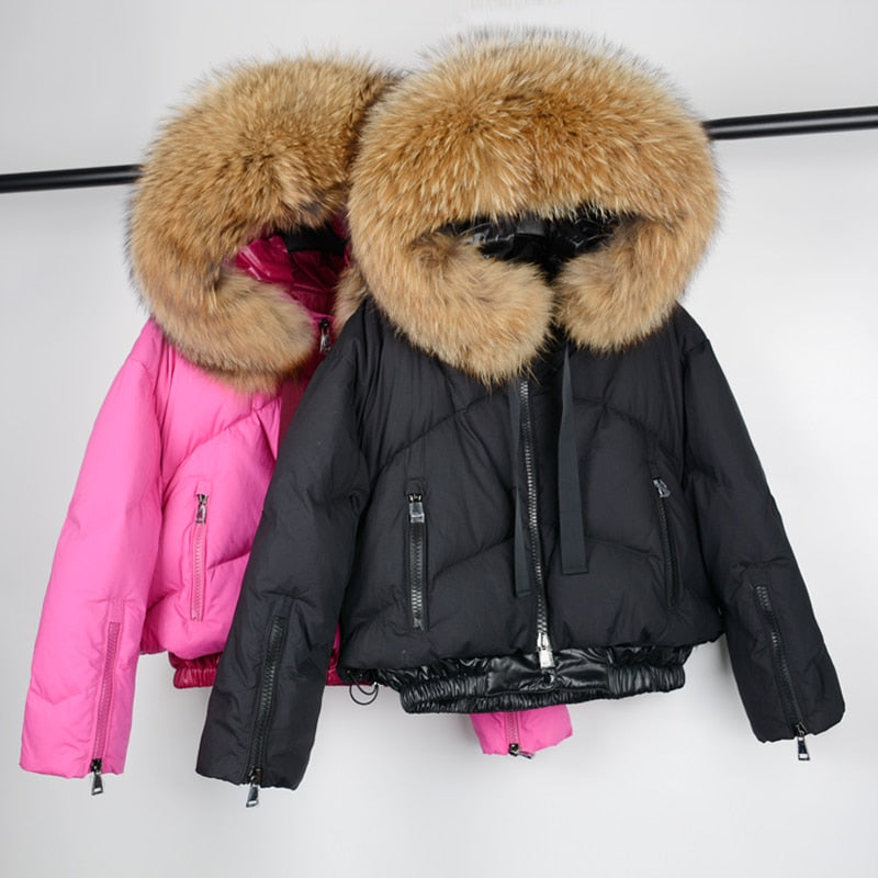Janveny Real Raccoon Fur Hooded Women's Down Jacket 2021 Winter 90% Duck Down Coat Short Female Puffer Feather Parkas Outwear