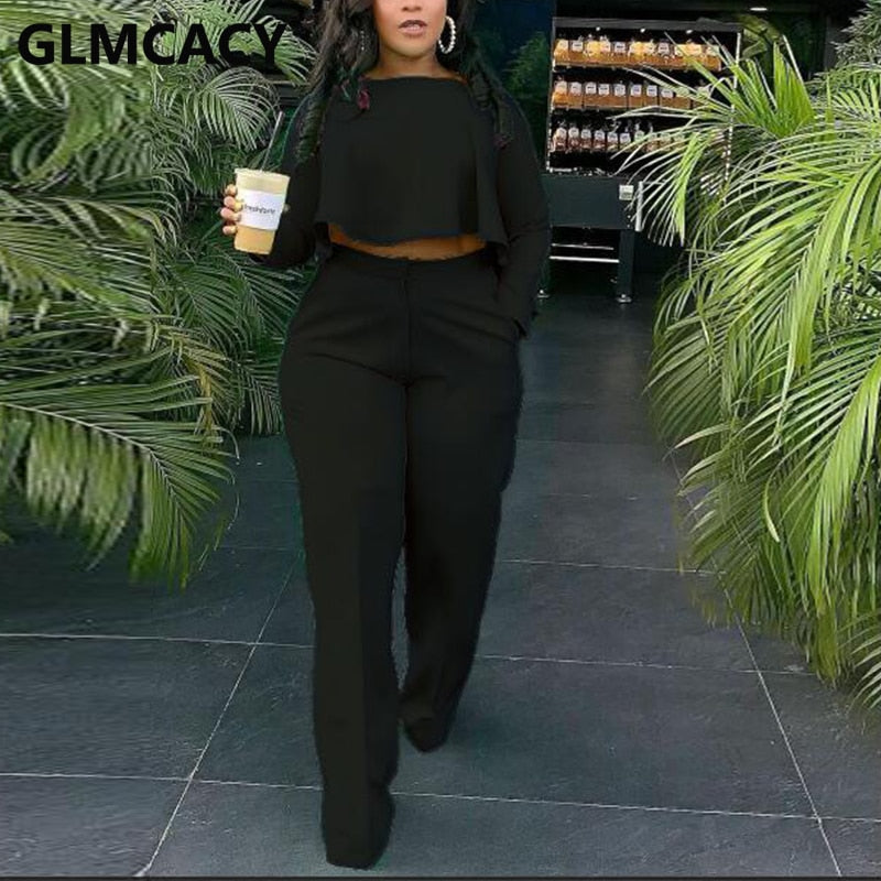 Women Two Piece Casual Suits Long Sleeve Dip Hem Crop Top Shirt &amp; Loose Pants Set