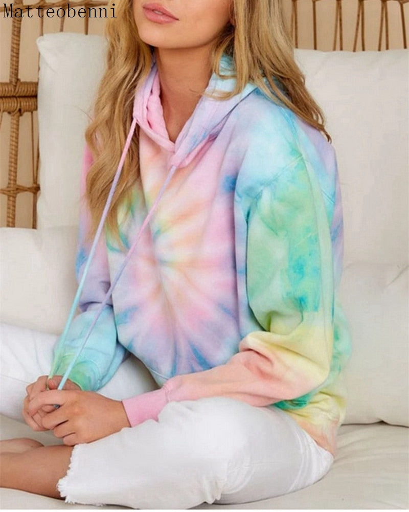 Women Tie Dye Hoodie Sweatshirts Casual Loose Pocket Hooded Shirt Streetwear