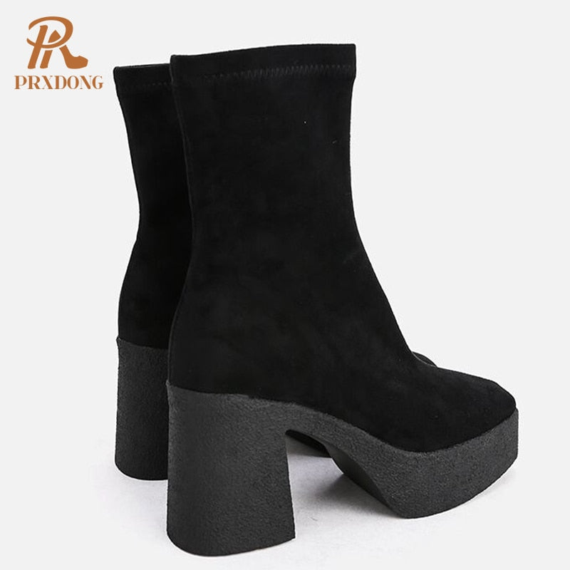 Winter Women's Flock Ankle Stretch Boots High Heeled Thick Platform Square Toe Ladies Shoes Zipper