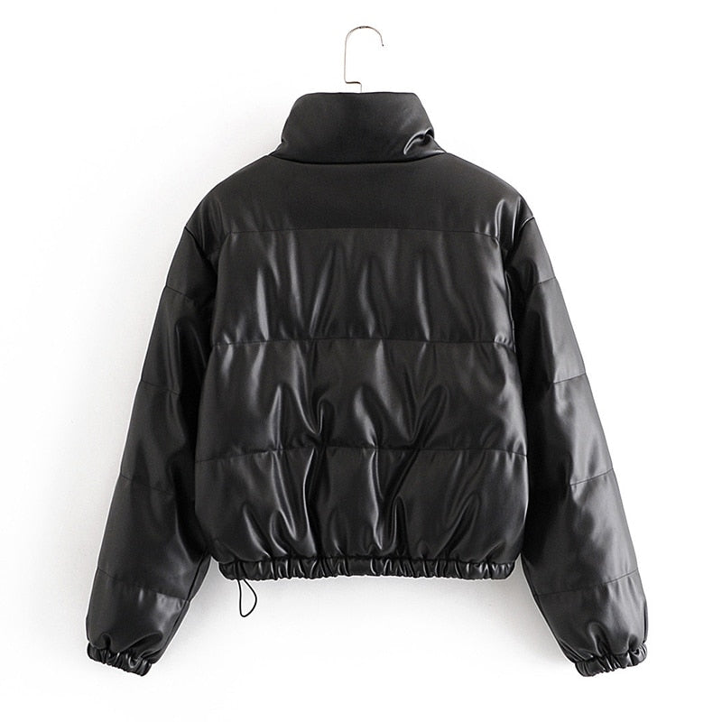 Faux Lether Warm Puffer Cropped Black Jacket Women Fall Winter Female Down Bubble Coat 2020 Turtleneck Long Sleeve Thick Parkas