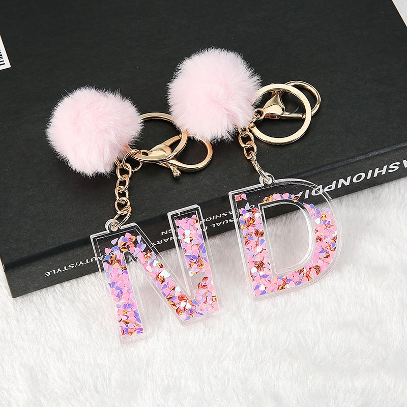 1PC Women Letter Keychains  26 Glitter Hollowed-Out English Alphabet  Keyring Handbag Crafts with Puffer Ball