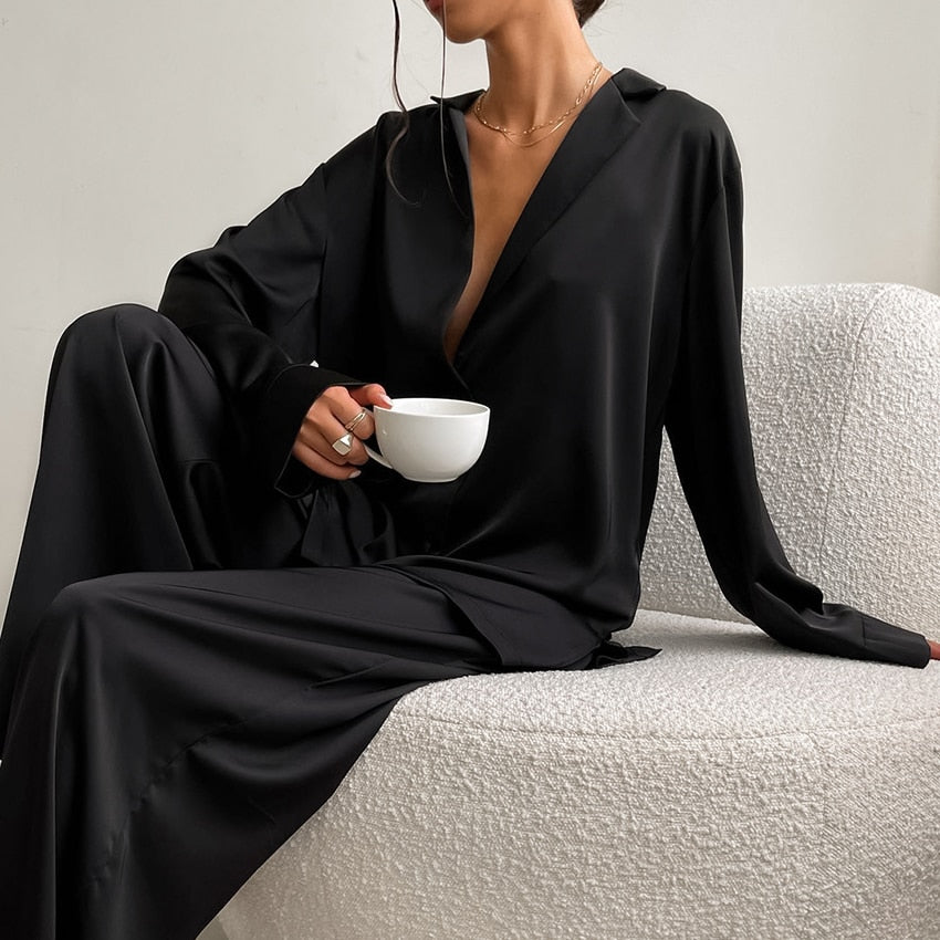 Oversized Satin Silk Sleepwear Low Cut Sexy Pajamas For Women Single-Breasted Long Sleeves Wide Leg Pants Trouser Suits