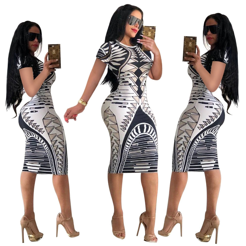 Elegant Short Sleeve Geometric Print Women Bodycon Dresses Robe Sexy Slim Midi Pencil Dress Lady Party Dress Vestidos