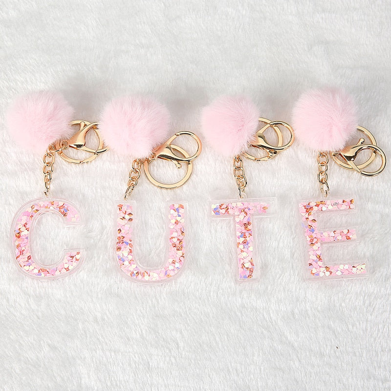 1PC Women Letter Keychains  26 Glitter Hollowed-Out English Alphabet  Keyring Handbag Crafts with Puffer Ball
