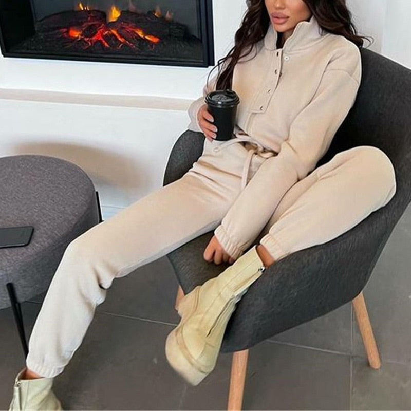 Casual Stand Collar Jumpsuits Women Autumn Winter Zipper One Piece Long Sleeve Outfit Solid Loose Drawstring Rompers Tracksuits