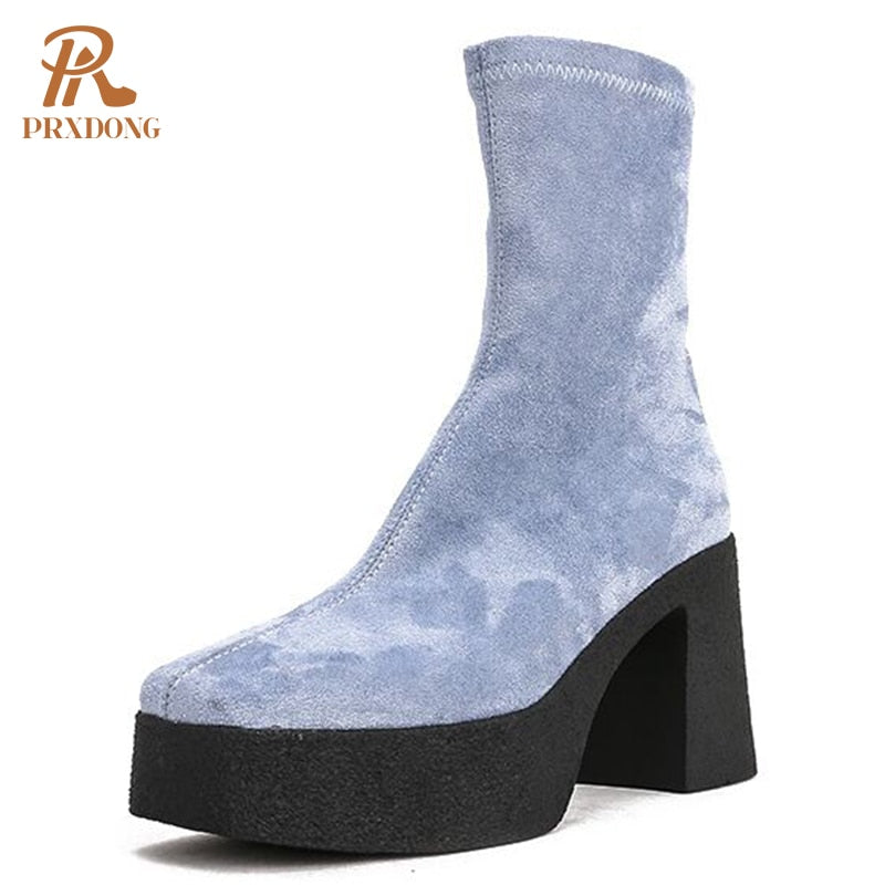 Winter Women's Flock Ankle Stretch Boots High Heeled Thick Platform Square Toe Ladies Shoes Zipper