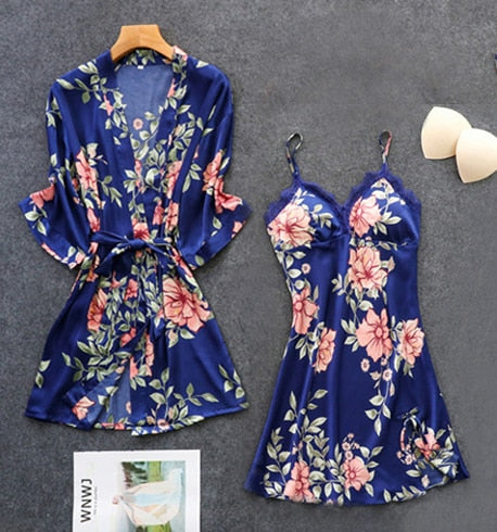 Pink Pajamas Sets Womens Strap Top Pants Sleepwear Suit Spring Autumn Home Wear Nightwear Kimono Robe Bath Gown M-XXL