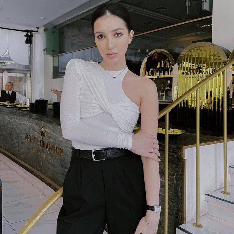 CNYISHE Elegant Office Lady One Shoulder Skinny Bodysuit for Women Jumpsuit Sexy Cut Out Rompers Sexy One Piece Female Overalls