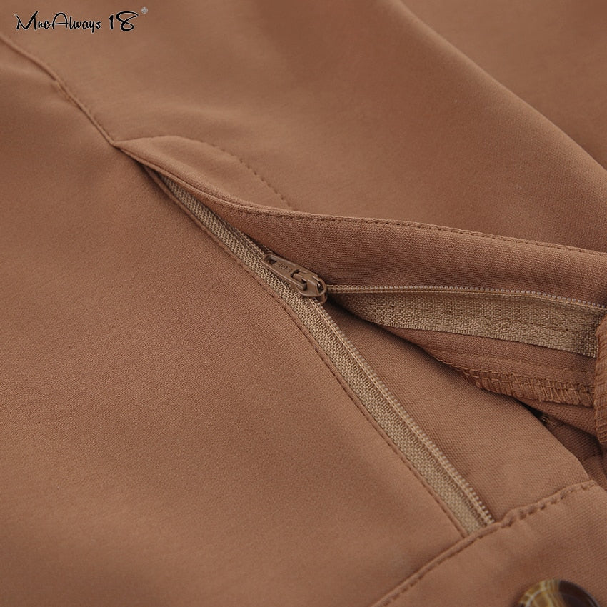 Vintage Zipper Khaki Trousers Women High Waist Office Pants Ladies Brown Trousers Work Wear