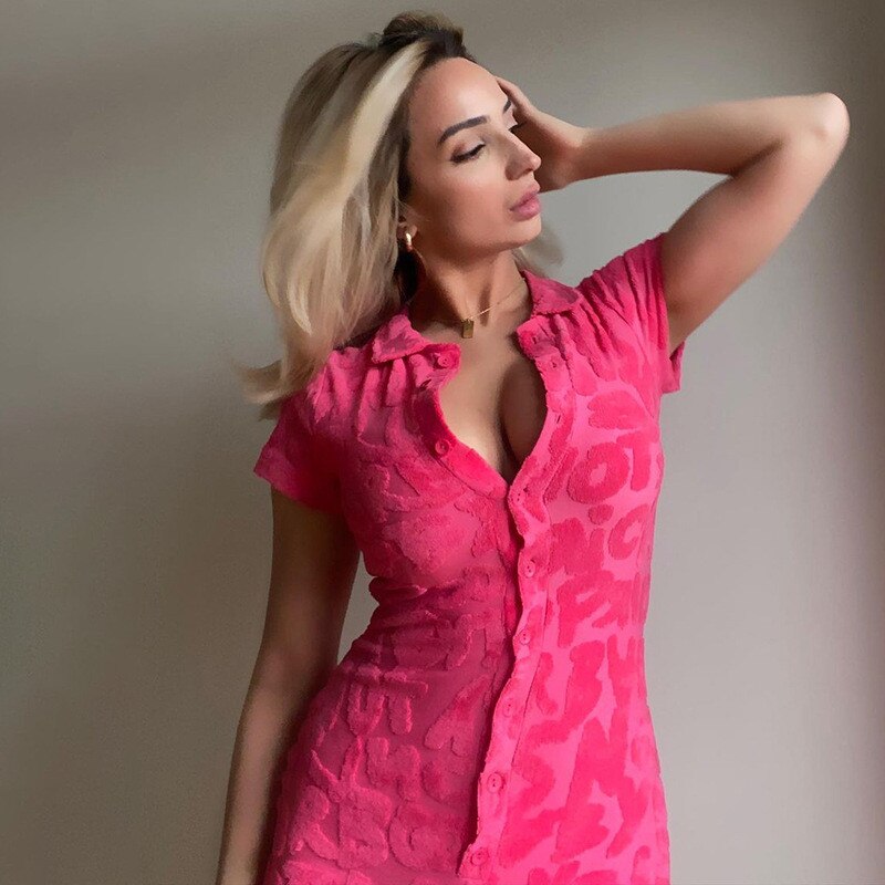 2022 Winter Neon Pink Casual Playsuit Women Fashion Short Sleeve Letter Button Skinny Bodycon Slim Female Rompers Women Jumpsuit