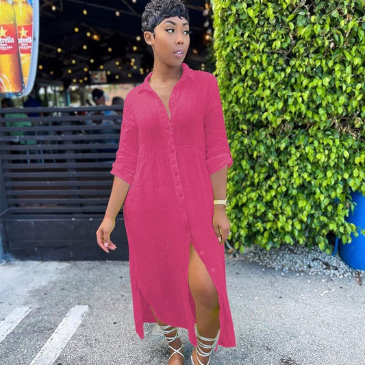 Solid Button Long Shirt Dress Long Sleeve Turn Down Collar Maxi Dress Asymmetric Hems Loose Vestido