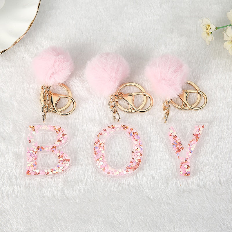 1PC Women Letter Keychains  26 Glitter Hollowed-Out English Alphabet  Keyring Handbag Crafts with Puffer Ball