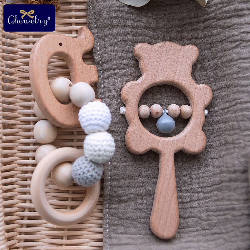 1Set Baby Toys Wooden Teether Rattle Wooden Bracelet Hand Teething Rattles Musical Chew Play Gym Stroller Toys Children Products
