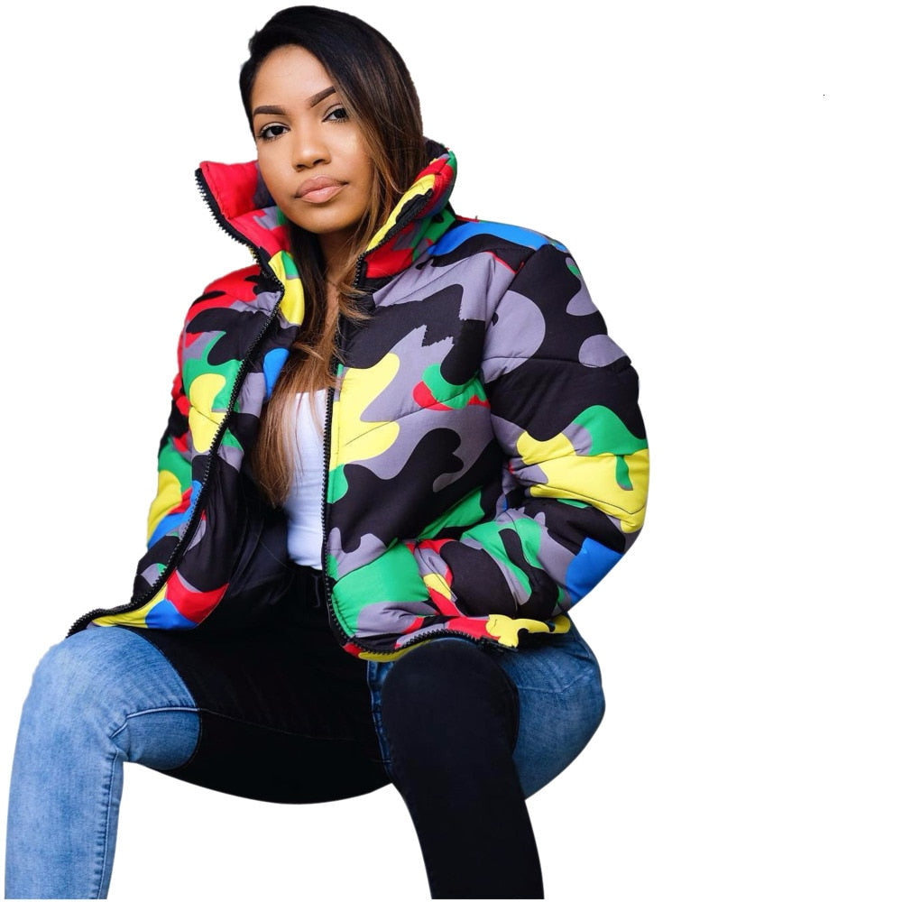 Camo Print Women Parka Bubble Jacket