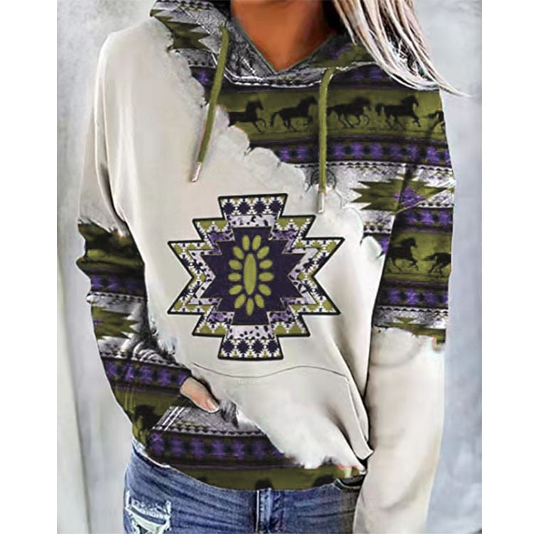 Vintage Boho Printed Hooded Long Sleeve Drawstring Casual Loose Hoodies