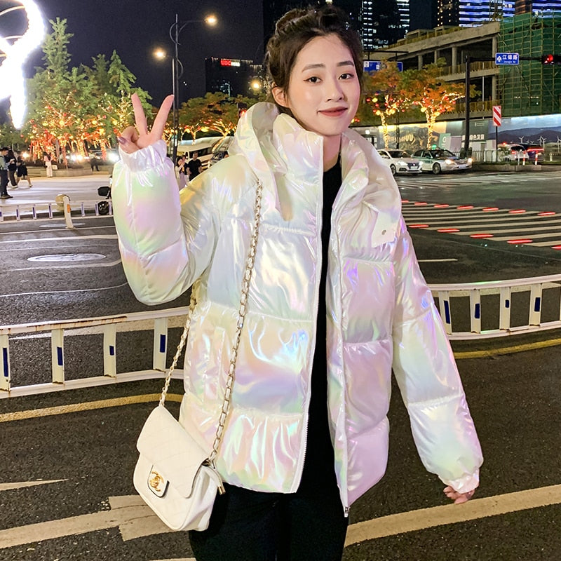 Puffer Coats Women's Shinny Hooded Long Sleeve Zipper Pockets Ladies Casual Thick Winter Jacket Cold Coat for Female 2021